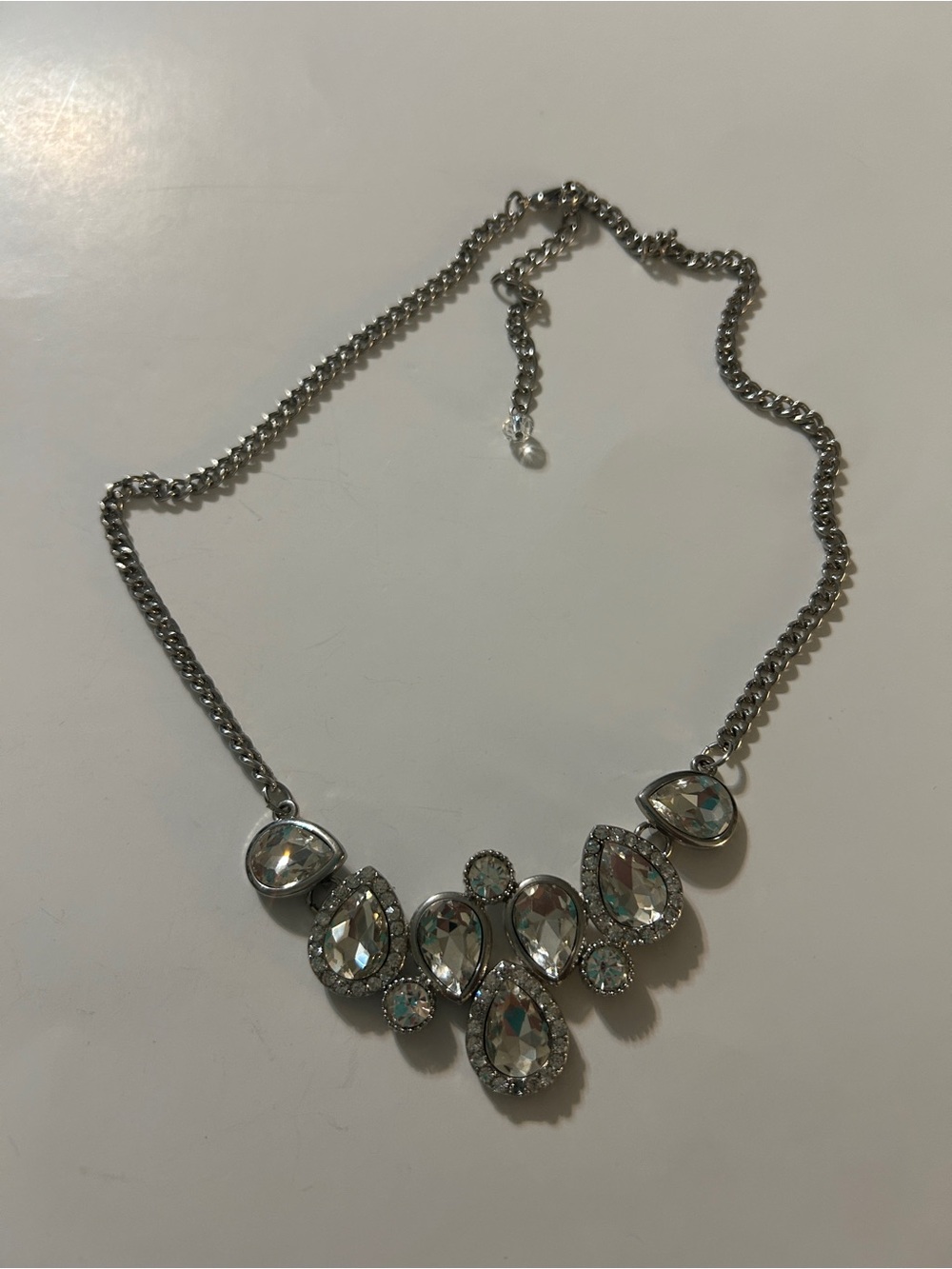Rhinestone Statement Bib Necklace Silver Clear Crystal Teardrop Event Prom Glam